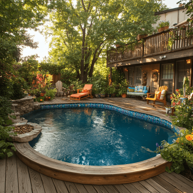 "Sun-drenched backyard with above-ground swimming pool, lush greenery, colorful flowers, weathered wooden deck, vibrant patio furniture, and a small stone fire pit, creating a perfect summer relaxation spot."
