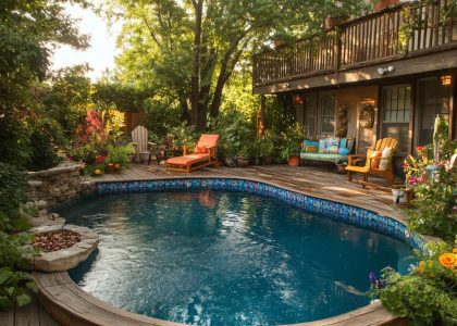 "Sun-drenched backyard with above-ground swimming pool, lush greenery, colorful flowers, weathered wooden deck, vibrant patio furniture, and a small stone fire pit, creating a perfect summer relaxation spot."