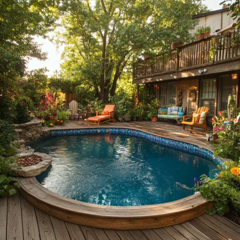 "Sun-drenched backyard with above-ground swimming pool, lush greenery, colorful flowers, weathered wooden deck, vibrant patio furniture, and a small stone fire pit, creating a perfect summer relaxation spot."