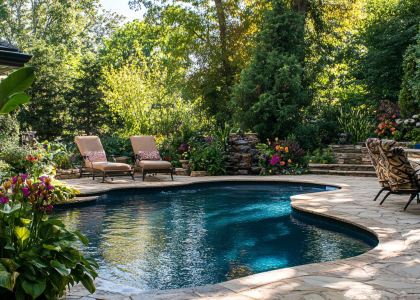 Backyard swimming pool glimmering under the sun, surrounded by creamy stone decking, lush greenery, vibrant flowers, and a cozy fire pit, creating a serene tropical oasis.