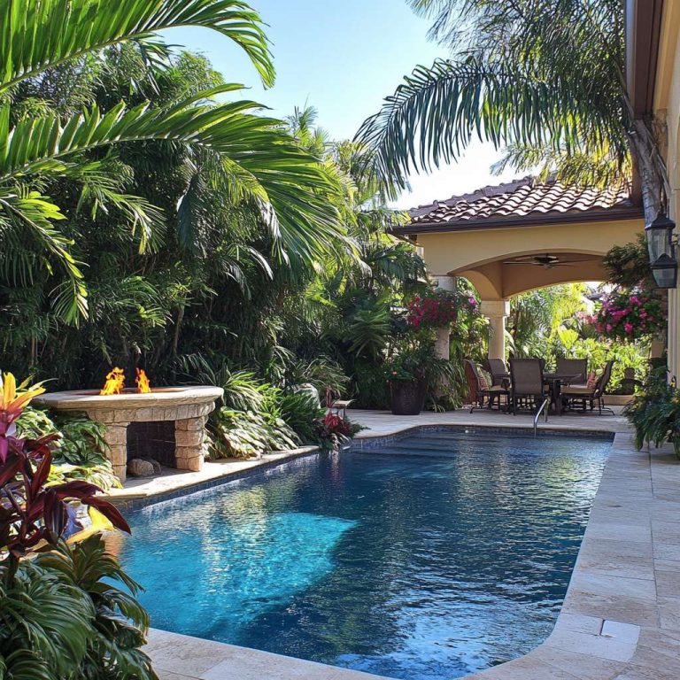 Backyard swimming pool glimmering under the sun, surrounded by creamy stone decking, lush greenery, vibrant flowers, and a cozy fire pit, creating a serene tropical oasis.