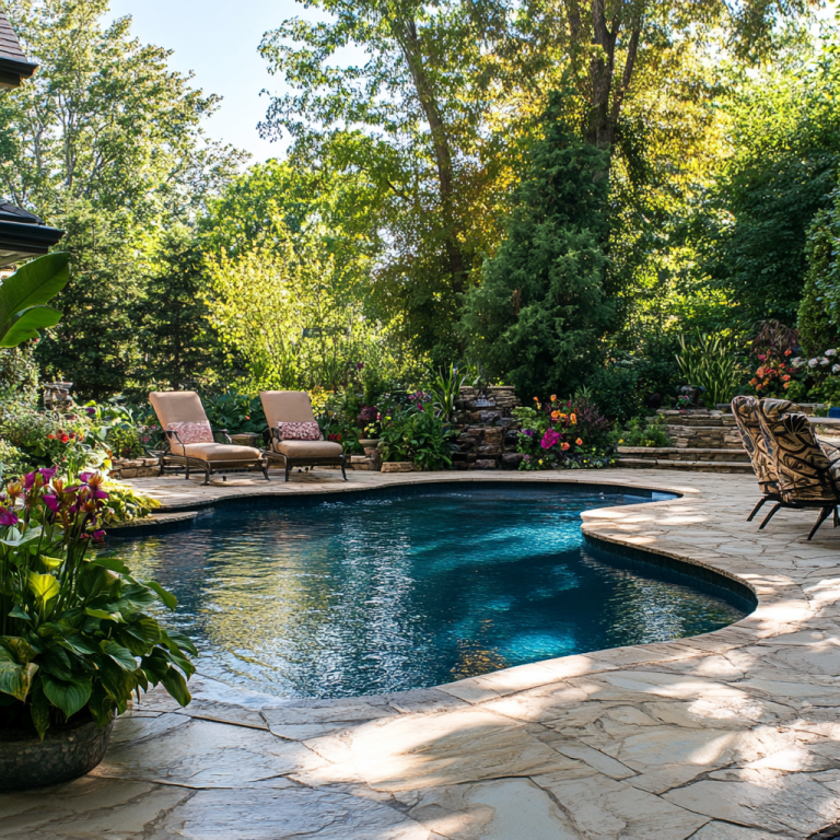 Backyard swimming pool glimmering under the sun, surrounded by creamy stone decking, lush greenery, vibrant flowers, and a cozy fire pit, creating a serene tropical oasis.