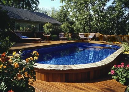 Luxurious above-ground swimming pool surrounded by a crafted wooden deck, featuring natural stone and wooden elements, cozy seating, outdoor lighting, lush greenery, and vibrant flowers in a backyard retreat setting.