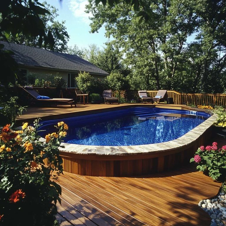 Luxurious above-ground swimming pool surrounded by a crafted wooden deck, featuring natural stone and wooden elements, cozy seating, outdoor lighting, lush greenery, and vibrant flowers in a backyard retreat setting.